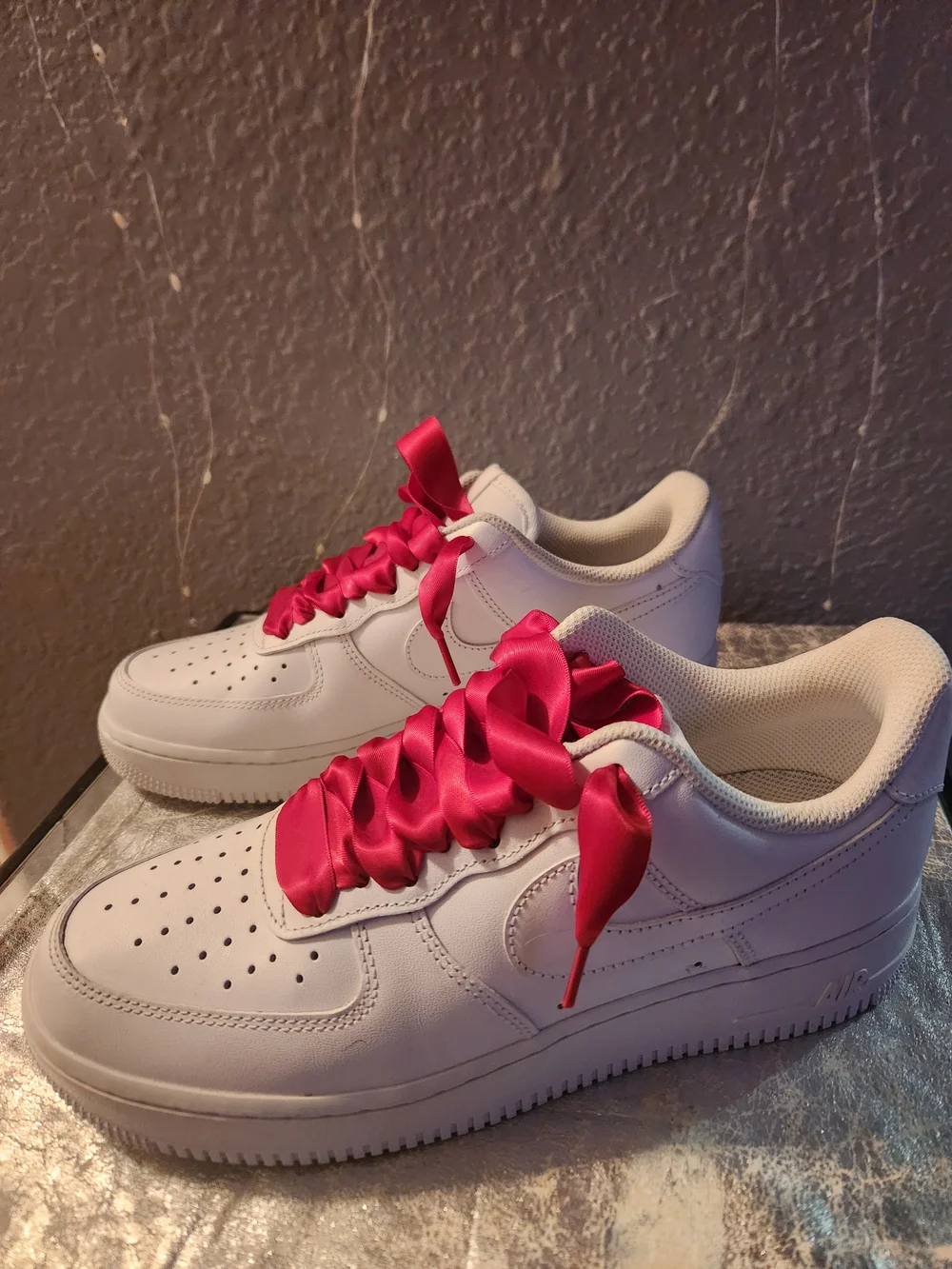 Nike White Air Force 1s with Red Satin Ribbon Laces
